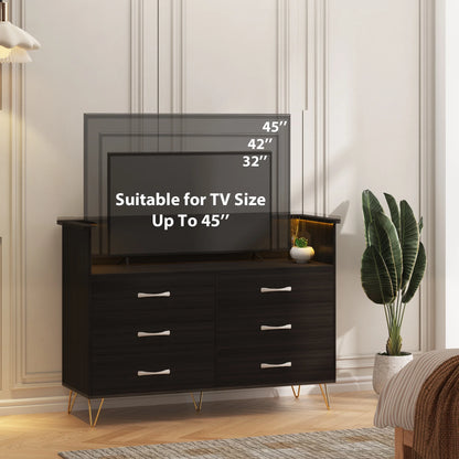 Homhougo Dresser for Bedroom 6 Drawer with LED Light & Charging Station, Wooden Dressers and Chests of Drawers with 2-Tier Open Shelves, Wide Dresser Organizer for Living Room Hallway Entryway, Pink