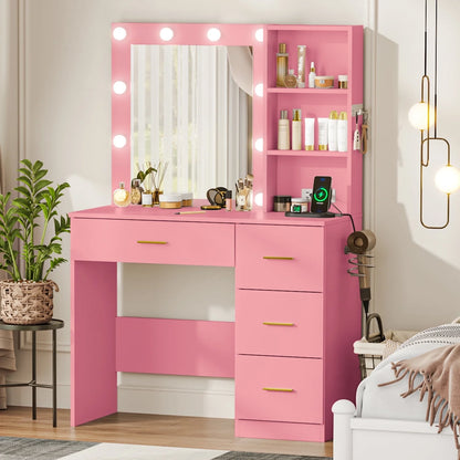 Makeup Vanity with Mirror and 3 Color Lights,Vanity Dressing Table with USB Charging Station,4 Drawers,Open Storage Shelves,White