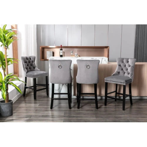 Velvet Bar Stools Set of 2, Upholstered Counter Height Bar Chair with Rivet and Button Trim, Bar Stool with Back and Footrest, for Dining Room, Kitchen, Pub, Gray