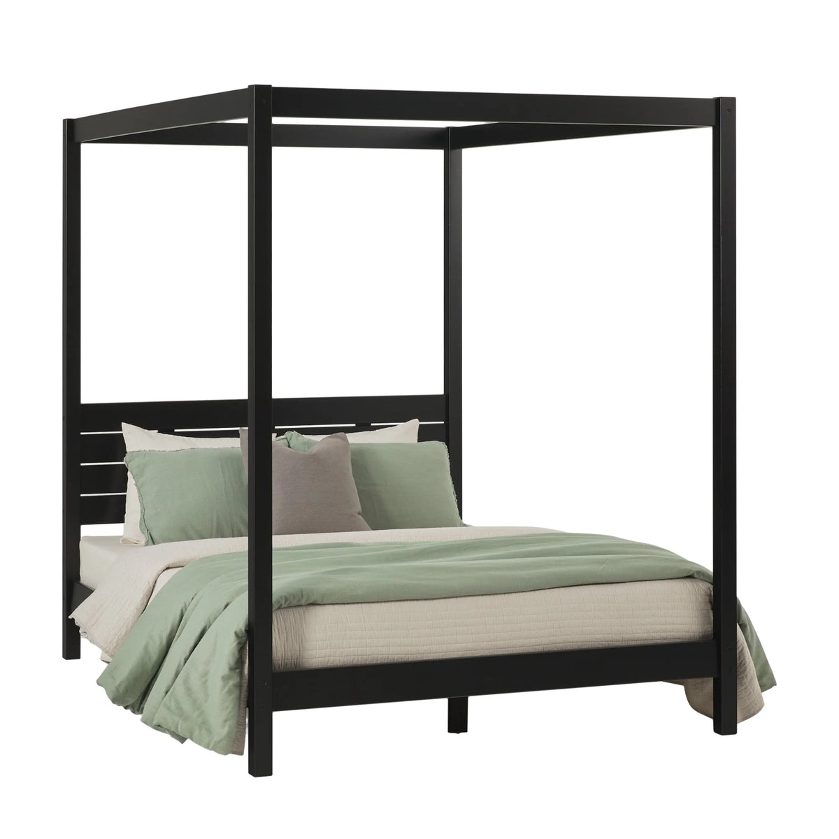 Walker Edison Minimalist Slatted Wood Queen Canopy Bedframe, Natural Pine