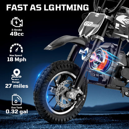 49cc Dirt Bike for Kids, Tcdjtc Gas Dirt Bike with 27 Miles Max Range, Kids Dirt Bike with 18 MPH Max Speed, Gas Powered Dirt Bike with 132 LBS Capacity, Mini Motorcycles for Kids, Gas Mini Bike