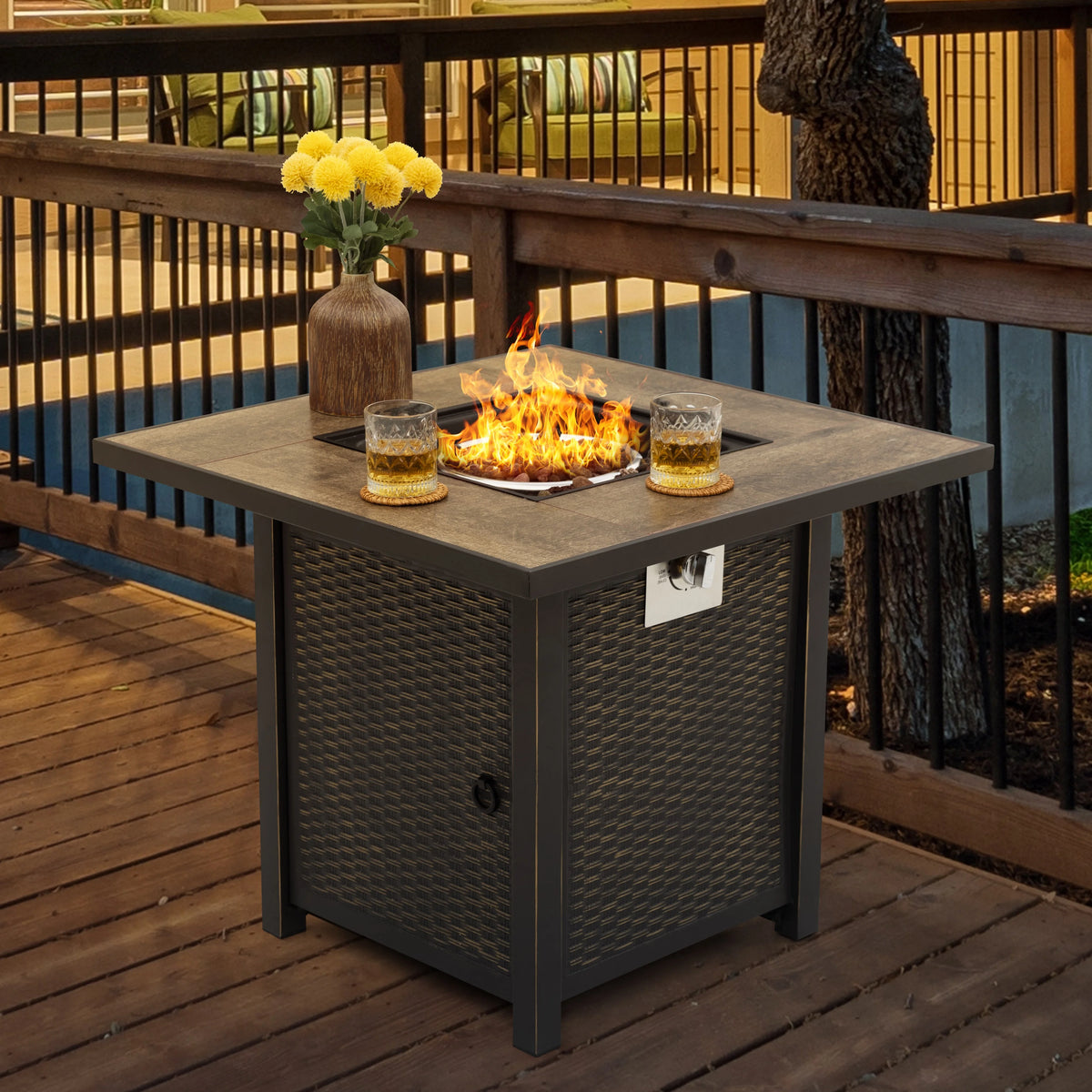 Nuu Garden Square 30" Outdoor Propane Fire Pit Table, 50,000 BTU Gas Fire Pit with Lid, Hand-Woven Wicker, with Glass Beads and CSA Certification