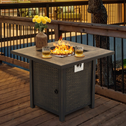 Nuu Garden Square 30" Outdoor Propane Fire Pit Table, 50,000 BTU Gas Fire Pit with Lid, Hand-Woven Wicker, with Glass Beads and CSA Certification
