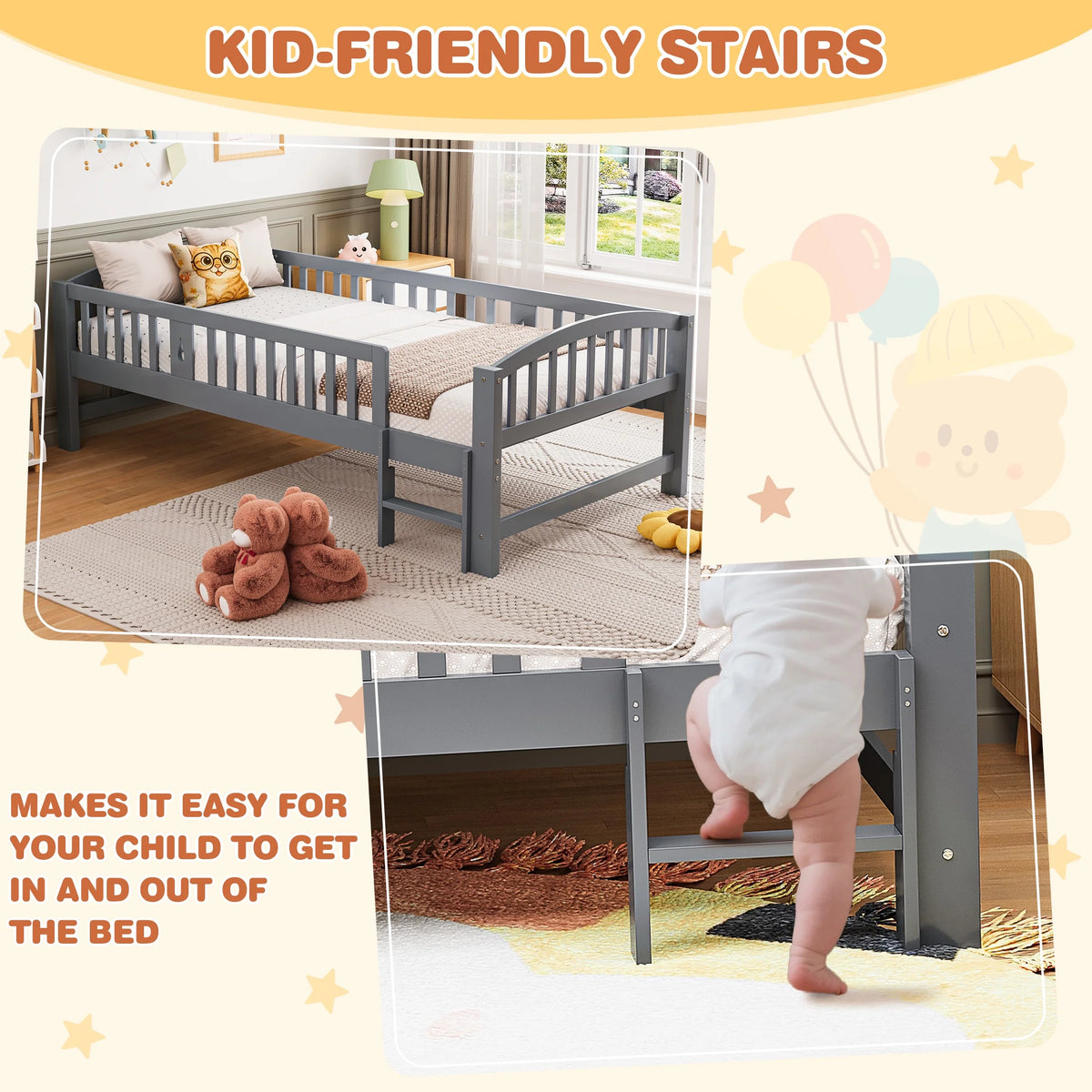 SESSLIFE Twin Size Platform Bed, Solid Wood Twin Bed Frame with Slats, Fence Guardrail Ladder, Twin Floor Bed with Strong Legs for Boys Girls, No Box Spring Needed, Holds 400 lbs, White