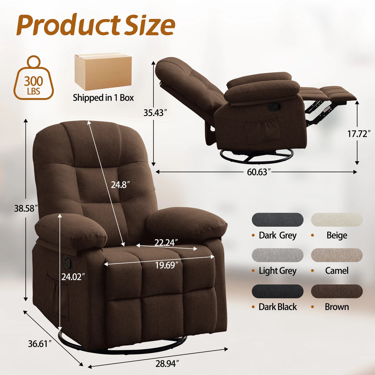 Korser Manual Swivel Rocker Recliner Chair for Living Room,Small Recliner Sofa for Small Spaces,Linen Fabric,Dark Black