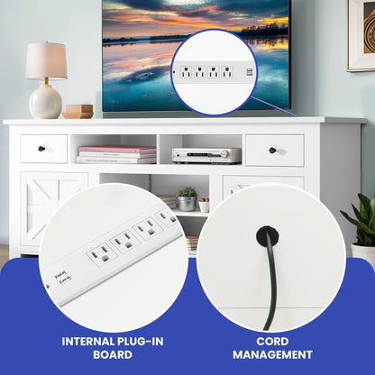 Dextrus Country-style Media Console, TV Cabinet with Built-in Power Socket for Screens up to 80'', Television Stand with Adjustable Divider & Drawer Storage, Vintage TV Unit for Lounge, White