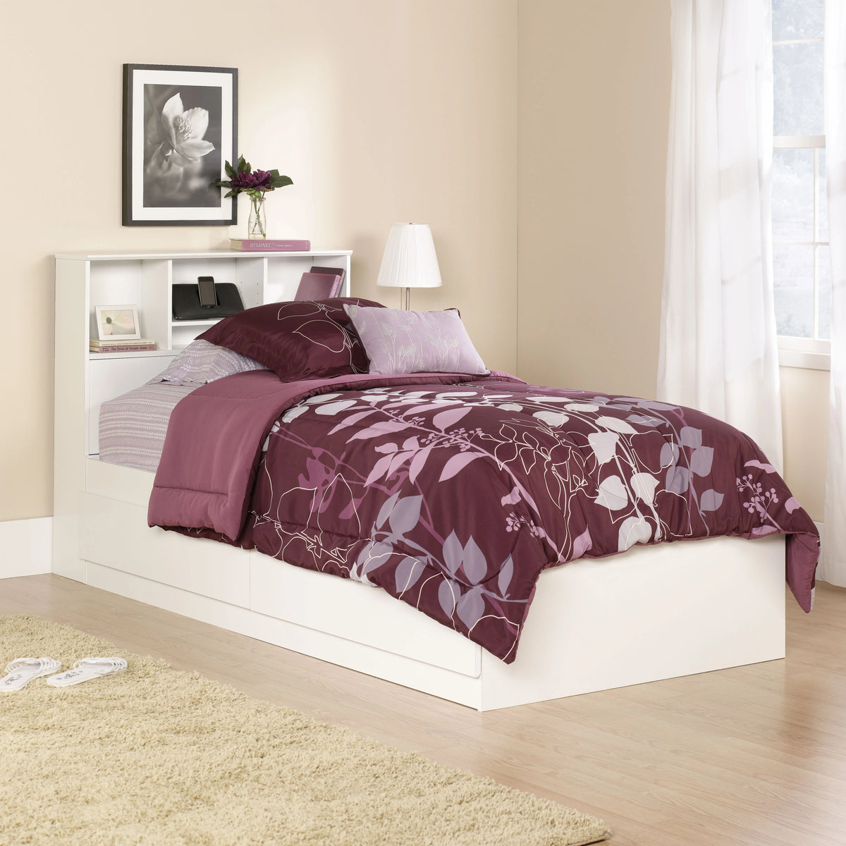 Your Zone Easy to Assemble Storage Bed with Bookcase Headboard, Twin, Natural Teak Finish