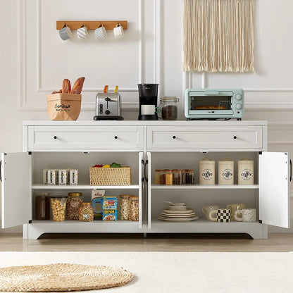 TrumanPick 61"H Large Buffet Sideboard Cabinet, TV Cabinet, Kitchen Pantry for Dining Room, Living Room, 61.3''L x 15''W x 29.8''H, White/Walnut