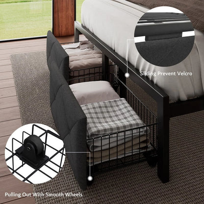 iPormis Full Bed Frame with 2 Drawers, Metal Platform Bed with Charging Station and Linen Fabric Storage Headboard Strong Metal Slats Black,Gray
