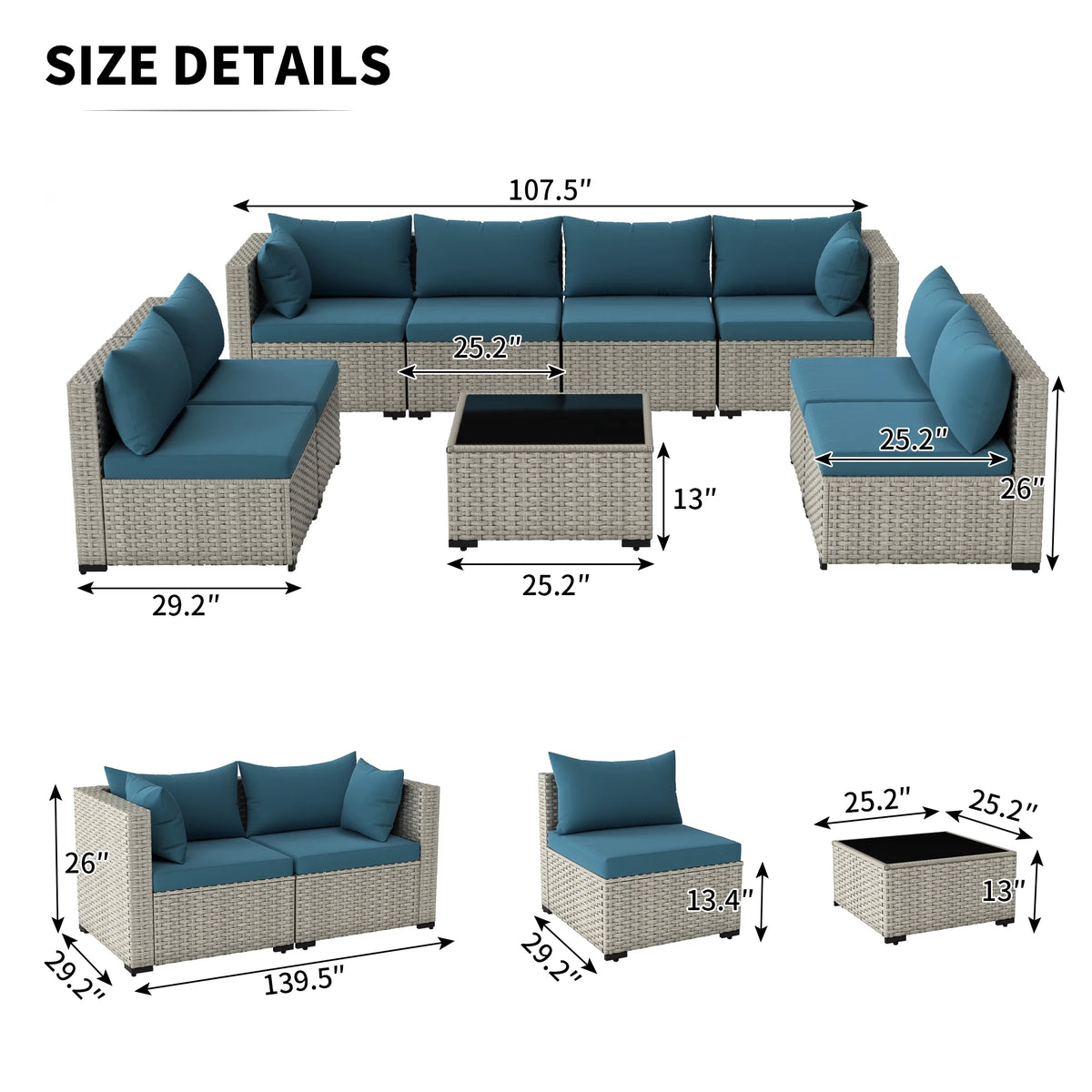 7 Pieces Patio Conversation Set, Outdoor Sectional PE Rattan Wicker Furniture Seat,Dark Gray