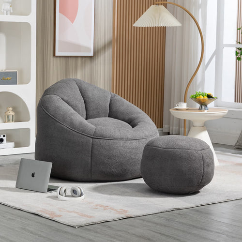 MOONMISS Microfiber Upholstered High Pressure Foam Round Lazy Bean Bag Sofa Chair with Ottoman-Gray