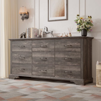 EnHomee Wood Dresser for Bedroom 9 Drawer Dressers&Chest of Drawers 63"L x 15.7"W x 31.5"H,Brown