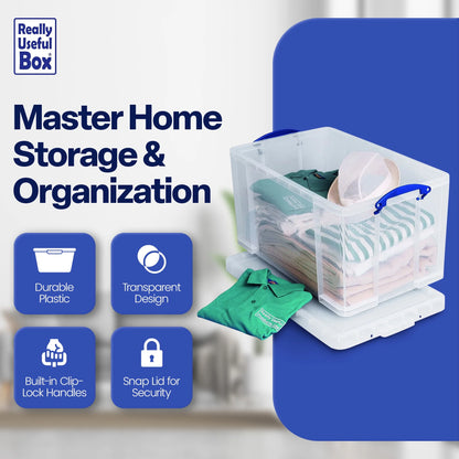 Really Useful Box 84L Storage Bin w/Snap Lid & Clip Lock Handle, 2 Pack,