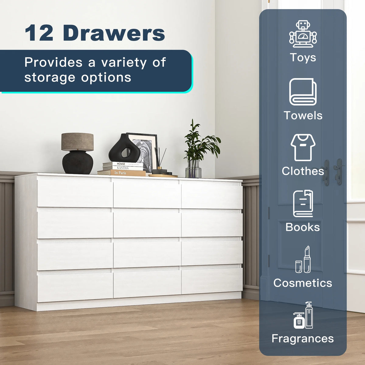 Kadyn White Chest of Drawer, 6 Double Drawer Dresser for Bedroom, Modern Storage Cabinet for Living Room, Dresser