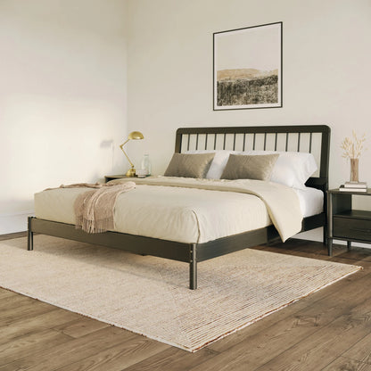 Walker Edison Mid-Century Modern Slatted Solid Wood Queen Bedframe, Natural Pine