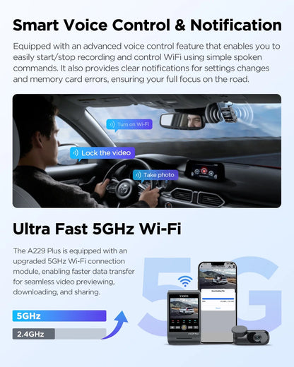 VIOFO A229 Plus Dash Cam with Dual STARVIS 2 Sensors, 2 Channel HDR, 1440P+1440P Front and Rear, Voice Control Car Dash Camera, 5GHz Wi-Fi, Ultra-Precise GPS, 24 Hours Parking Mode, Support 512GB Max