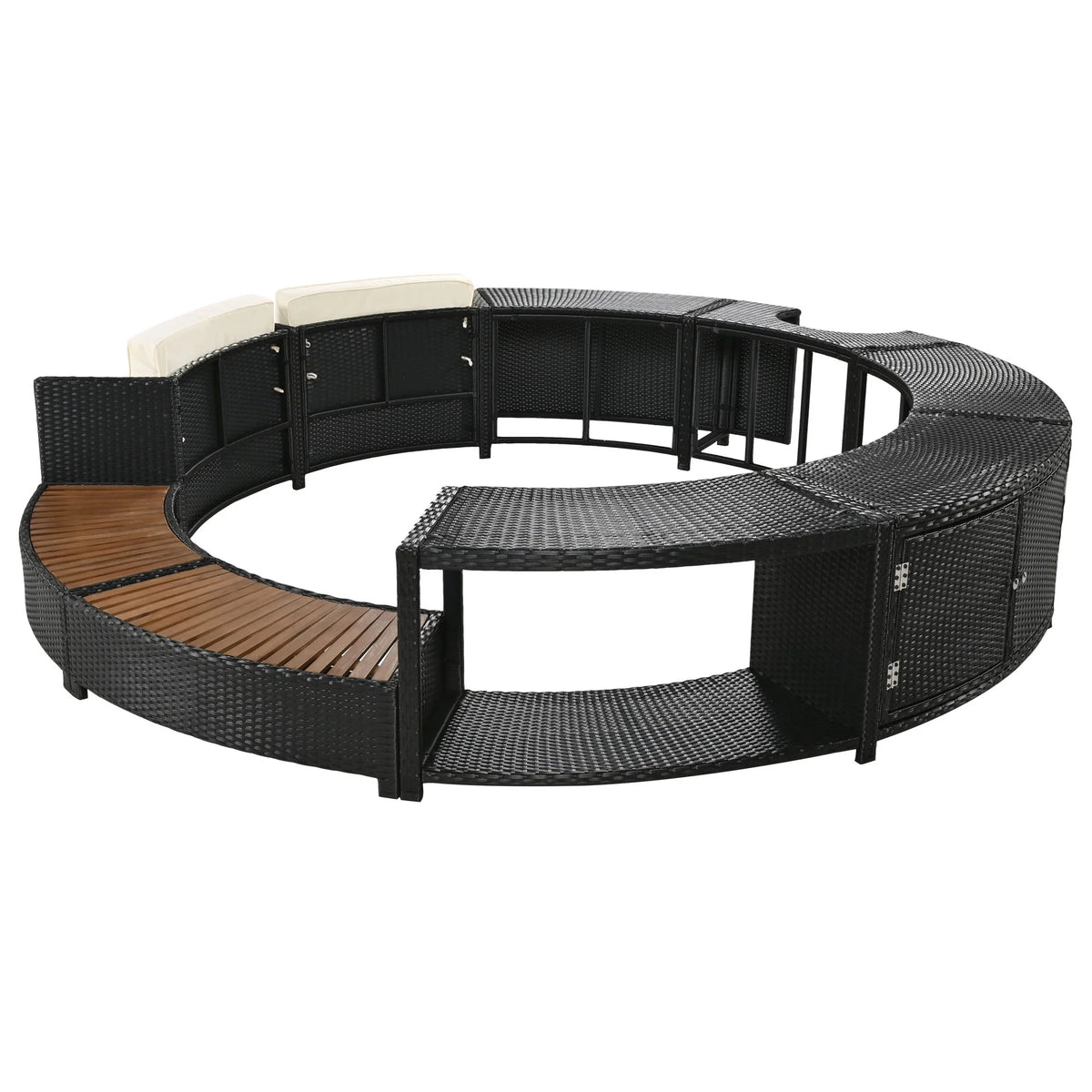 Round Hot Tub Surround Furniture, Spa Surround Outdoor Rattan Sectional Sofa Set with Mini Sofa, Solid Acacia Wood Hot Tub Storage Surround Patio Furniture Set, Gray Cushion