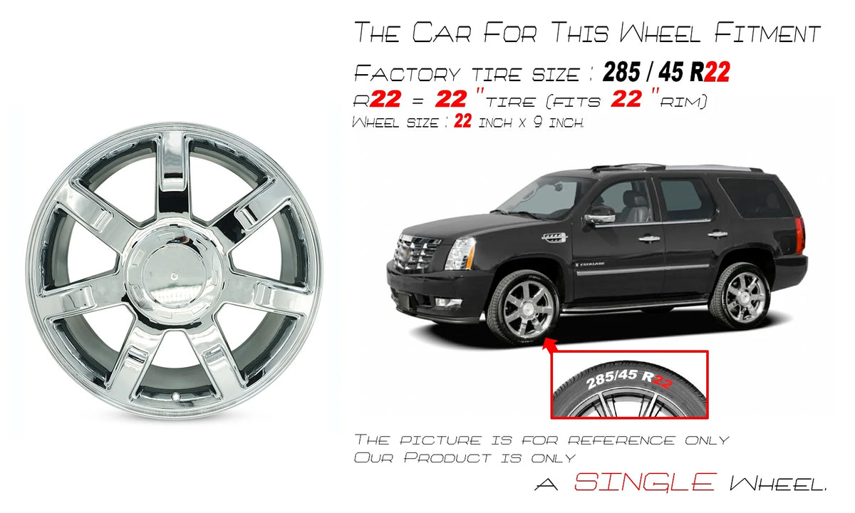 Velospinner Alloy 22" x 9" Automotive Rim New Single Chrome Wheel for 2007 - 2014 Cadillac Escalade ESV EXT OEM Design Replacement 5309 05309