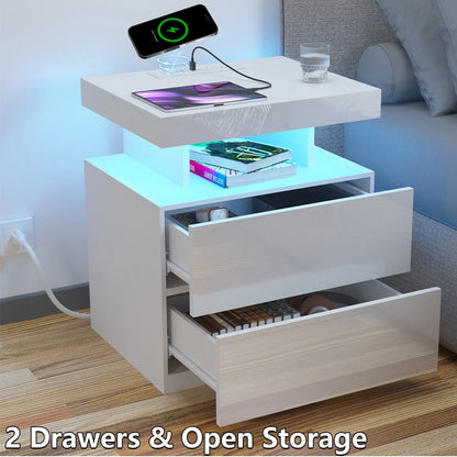 Hommpa LED Nightstand with Wireless Charging Station Modern Nightstand Type C USB Port 2 Drawers Bedside Table Black Smart Night Table High Gloss End Side Table for Bedroom Furniture 22.3" Tall