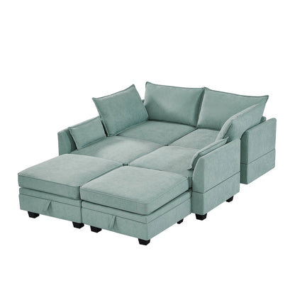 Euroco Large U-Shaped Sectional Sofa 6 Seat Convertible Sofa with Storage Seat, Modular Sofa with 2 Stools, Green