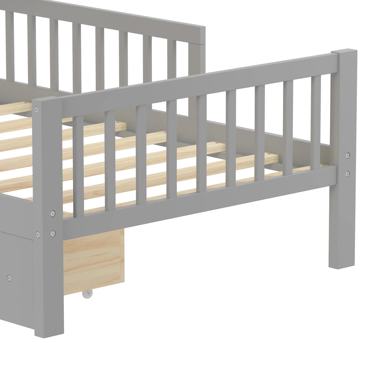 Euroco Wood Twin Size Platform Bed with Storage Headboard and Drawers, Low Profile Bed with Guardrails for Kids and Toddlers, White
