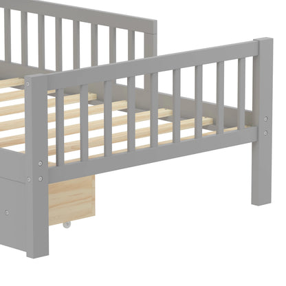 Euroco Wood Twin Size Platform Bed with Storage Headboard and Drawers, Low Profile Bed with Guardrails for Kids and Toddlers, White