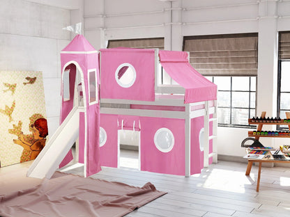 JACKPOT! Castle Low Loft Bed with Slide, Red Yellow and Blue Tent and Tower, Twin, Cherry