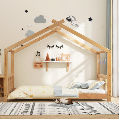 Euroco Wood House-Shaped Twin Platform Bed for Kids, Low Profile House Bed, No Box Spring Needed, Wood Color