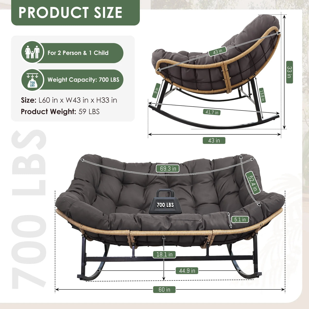 RADIATA Beige Double Outdoor Rocking Chair, 2 Person Patio Rocking Egg Chair with Thick Cushion