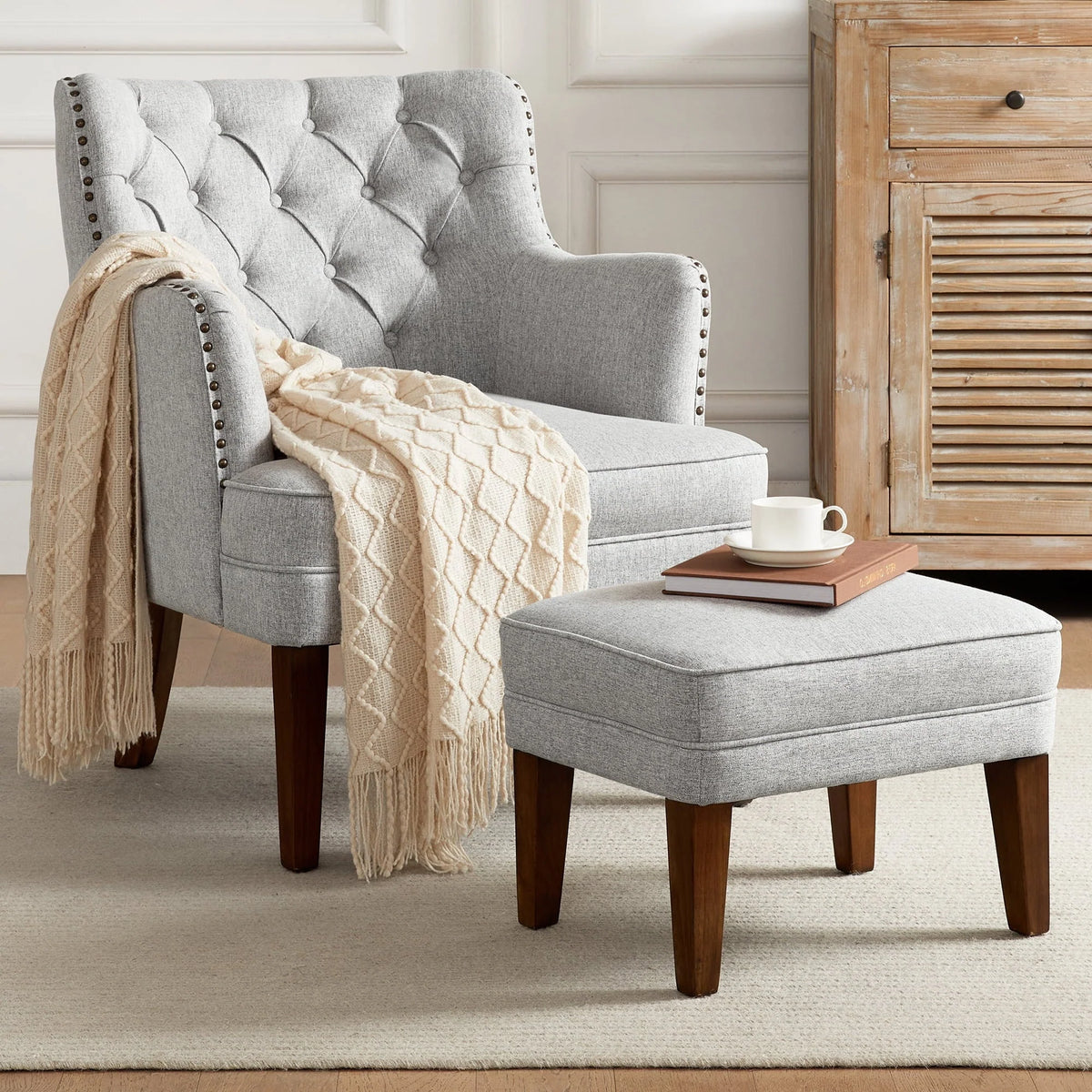 GERICCO Accent Chair with Ottoman Set, Club Armchair Indoor, Comfy Reading Chair and Ottoman for Bedroom Living Room, with Bronzer Nail Head Trim Wooden Legs(Beige)