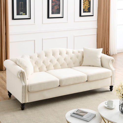 Chesterfield Upholstered Velvet Sofa, 3 Seater Button Tufted Couch with Nailhead Arms for Living Room Bedroom Office Apartment