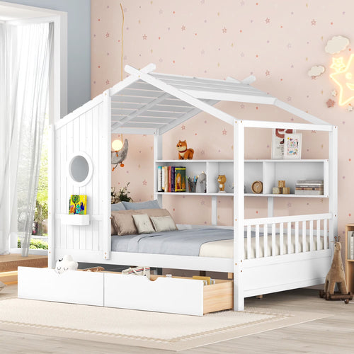 Bellemave House Bed with 2 Drawers and Storage Shelves, Wood Full Size Montessori Bed Frame with Roof and Window, Playhouse Bed for Bedroom (White)