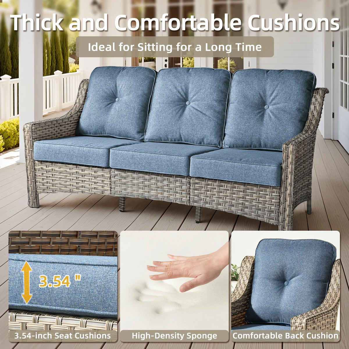 Ovios Outdoor Patio Sofa 3-Seater with Cushions All-Weather Wicker Rattan Couch for Garden, Porch, or Backyard