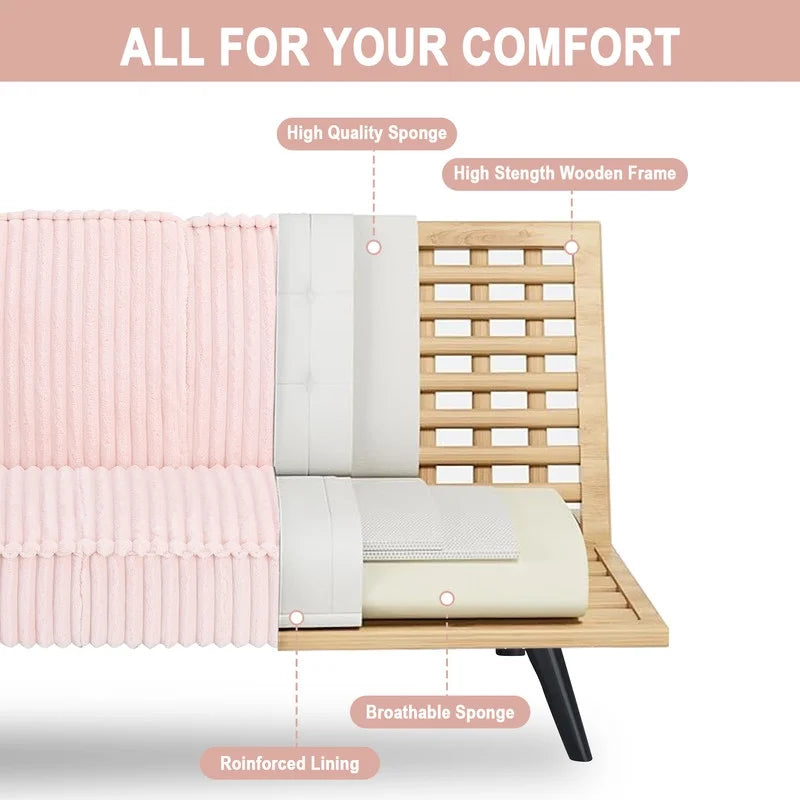 FFH Modern Corduroy Futon Sofa Bed with Adjustable Backrest,Convertible Loveseat Sleeper,Soft Couch with Drop-Down Table and Cup Holder for Living room,Pink