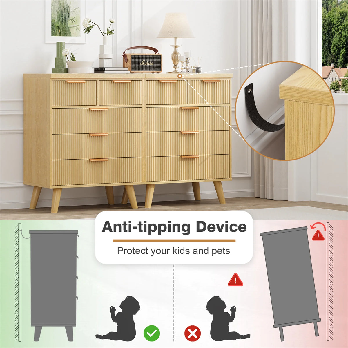 Planntonneo Boho Fluted 6 Drawer Dresser, Wooden Chests for Bedroom