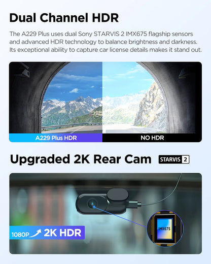 VIOFO A229 Plus Dash Cam with Dual STARVIS 2 Sensors, 2 Channel HDR, 1440P+1440P Front and Rear, Voice Control Car Dash Camera, 5GHz Wi-Fi, Ultra-Precise GPS, 24 Hours Parking Mode, Support 512GB Max