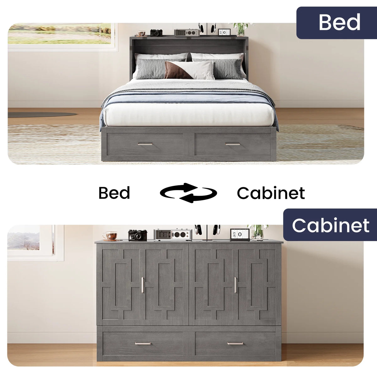 ZAFLY Murphy Bed with Trifold Foam Mattress, Cabinet Bed has USB Charging Station, Convertible Bed with Storage Platform, Cabinet Chest Bed with Large Drawers for Living Room/Bedroom (Grey)