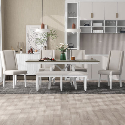 6 Piece Extendable Dining Table Set, Atumon Wood Dining Room Set for 6, Dining Table Set with 4 Beige Cushioned Chairs and Bench, Farmhouse Dining Table Set Furniture for Kitchen Dining Room, Natural