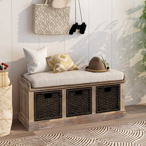 Entryway Storage Bench with 3 Woven Baskets and Removable Cushion, Entry Hallway Foyer Shoe Bench End of Bed Bench, Fully Assembled, 41.3" L x 15.7" W x 17" H (White&nbsp;Washed)