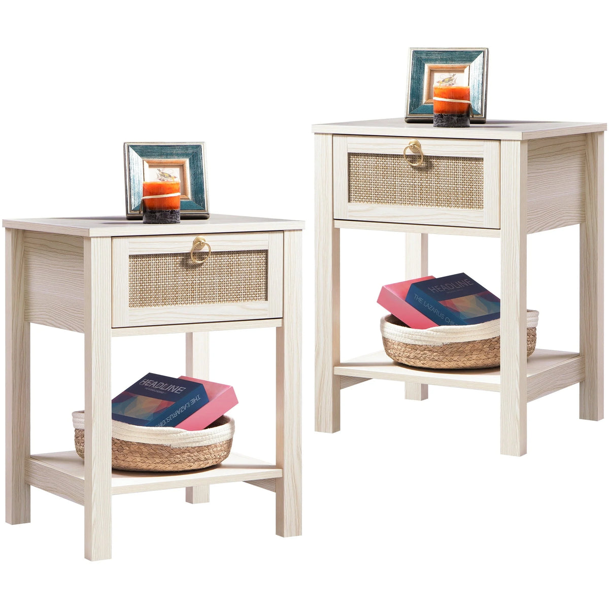 Surmoby Farmhouse Rattan Nightstand Set of 2,Boho Bedside Tables with Storage Drawer and Open Shelf - Side Table End Tables for Bedroom or Living Room