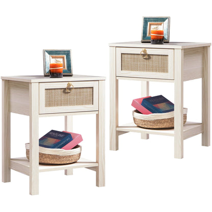 Surmoby Farmhouse Rattan Nightstand Set of 2,Boho Bedside Tables with Storage Drawer and Open Shelf - Side Table End Tables for Bedroom or Living Room