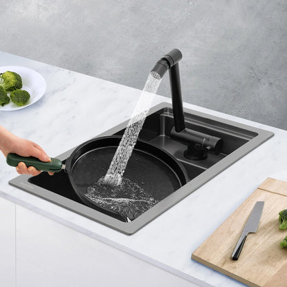 Modern Drop in Bar Sink, Single Bowl Kitchen Sink with Foldable Faucet, Black Nano 304 Stainless Steel Utility Sink for Compact Kitchen Commercial Hotel RV Laundry