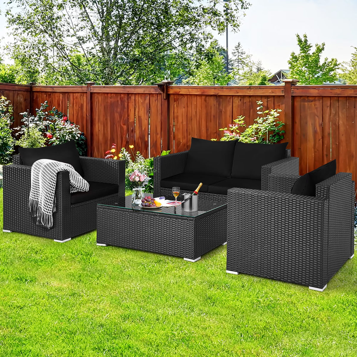 Costway 4PCS Patio Rattan Furniture Set Cushioned Sofa Chair Coffee Table Black
