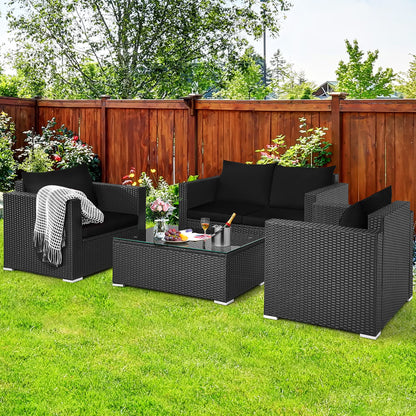 Costway 4PCS Patio Rattan Furniture Set Cushioned Sofa Chair Coffee Table Black