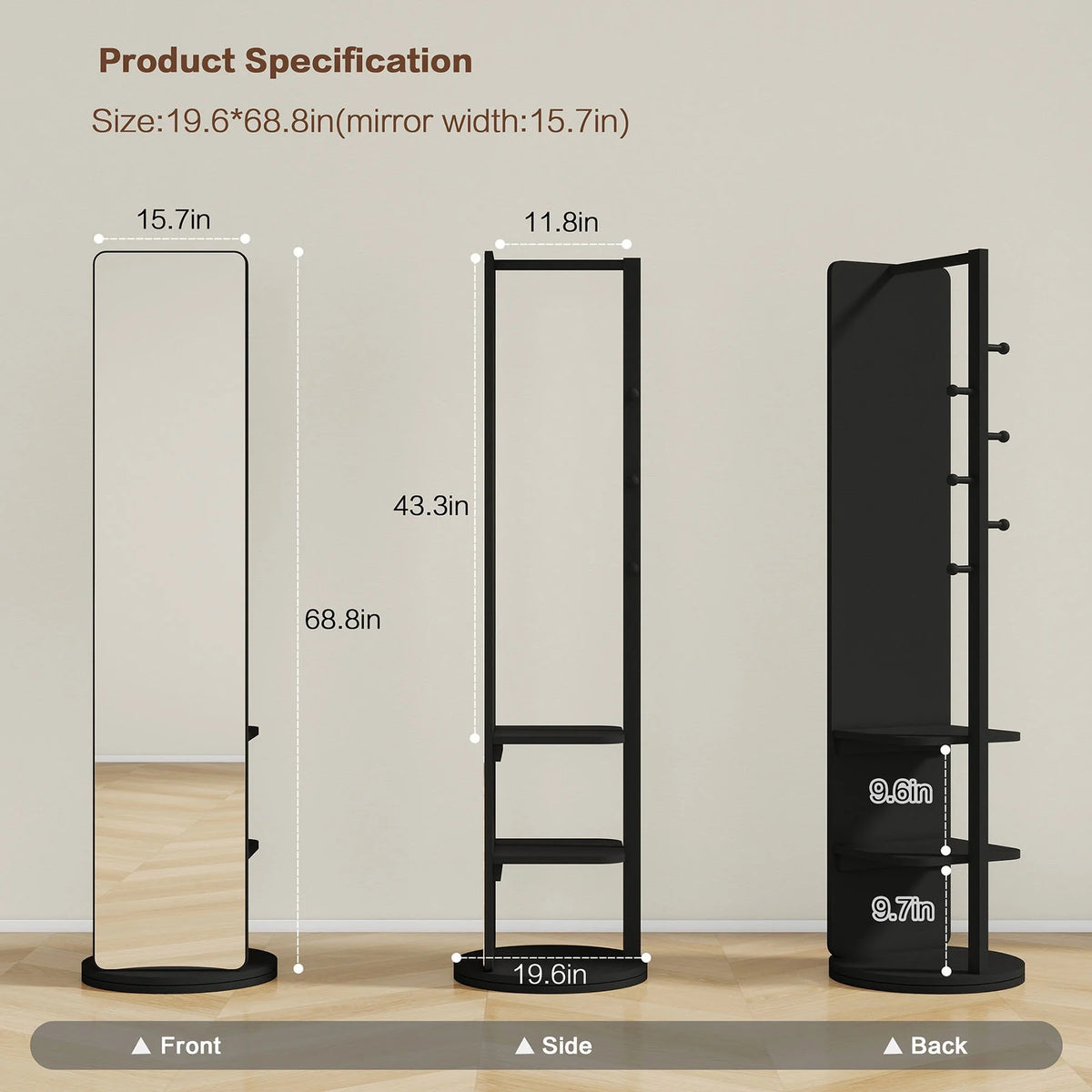 Full-Length Mirror on Rubber Wood Frame 65.7 x 17.7 Inches Ideal for Dressing Rooms and Living Spaces for Versatile Use