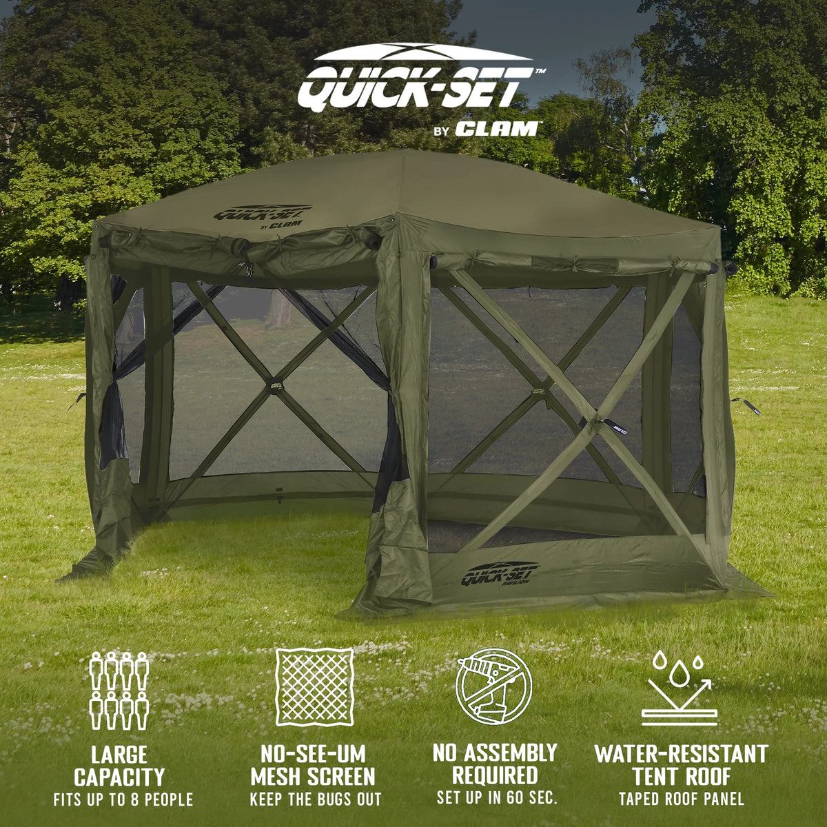 CLAM Quick-Set Pavilion 12.5 x 12.5' Portable Outdoor Canopy Shelter, Green