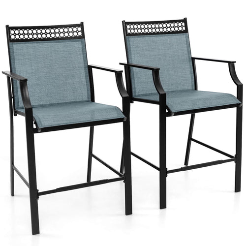 Costway Outdoor Counter Stools Set of 2 with Footrest & Armrests Metal Frame for Backyard Blue