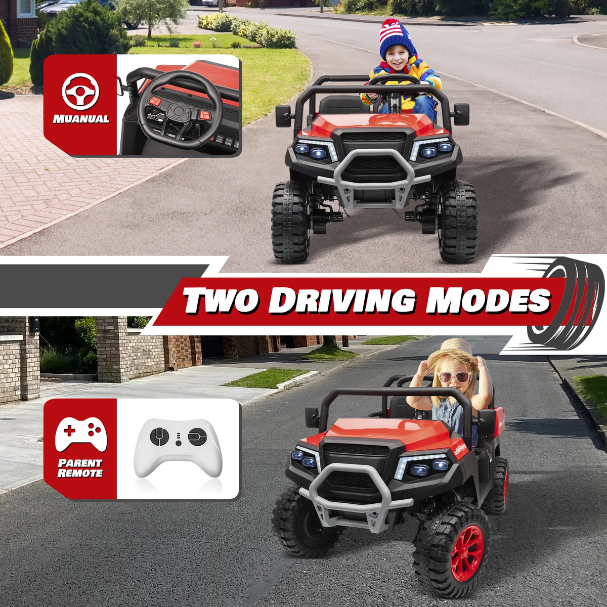 Joyracer 4WD 24 Volt Ride on Toys UTV with 2 Seater & Remote Control, Kids Electric Golf Cart w/ 4x200W Power Motors, Tiltable Trailer & Shovel, 4 Wheels Spring Suspension, Bluetooth USB Music, Black