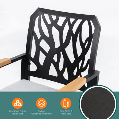 Outdoor Patio K/D Aluminum Stationary Dining Chairs 2PCS with Outdoor-grade Sunbrella Fabric Cushions, Branch-Like Backrest ,FSC-Certified Wood Armrests, Bourbon Brown