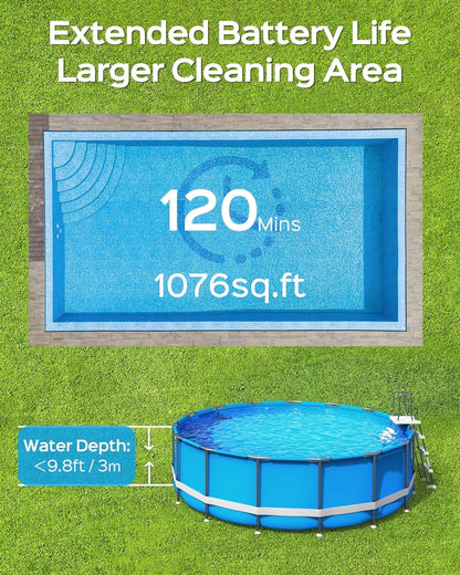 2025 New Upgraded WYBOT A1 Cordless Robotic Pool Vacuum Cleaner - Floor-Only Cleaning for Above Ground Flat-Bottom Pools (Up to 1,076 sq. ft), 120-Min Runtime, Black Green